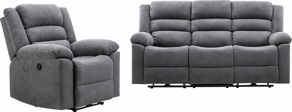 Kanapa 3 osobowa i fotel z funkcją relax elektryczny z szarą tapicerką - BUROLO