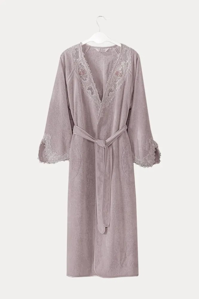 Elegancki szlafrok DESTAN z koronką XL Fioletowy / Lila
