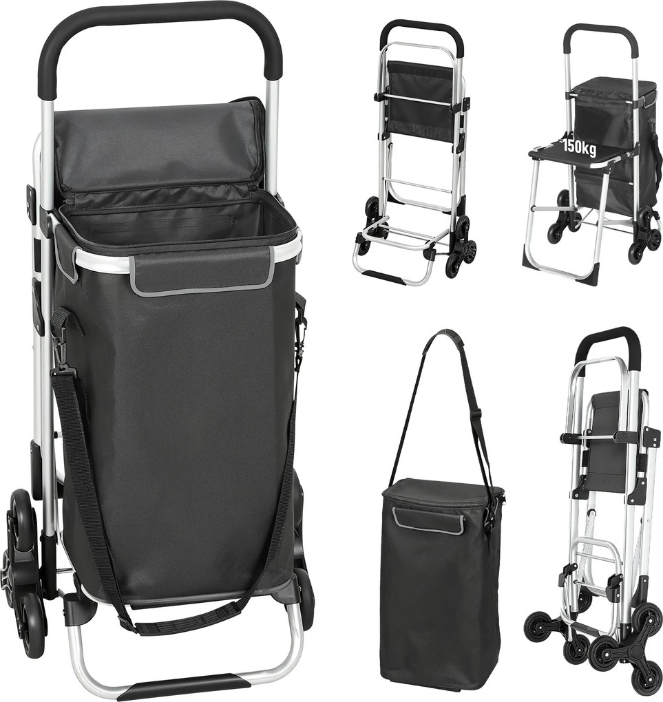 HOMCOM wózek na zakupy, torba Oxford 40 l, design 3 kół, rama aluminiowa, siedzisko, ciemnoszary | Aosom PL