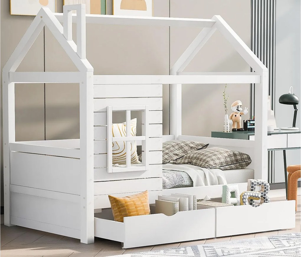 Łóżko domek 80x160 cm z 2 szufladami - z litego drewna - Białe