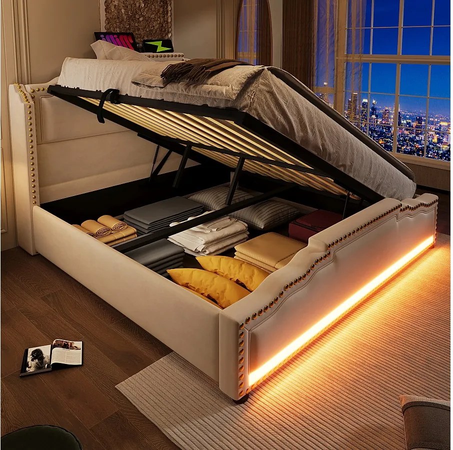 Łóżko tapicerowane podwójne ze schowkiem - 140 x 200 cm - z diodami LED + USB-C - aksamitne - beżowe
