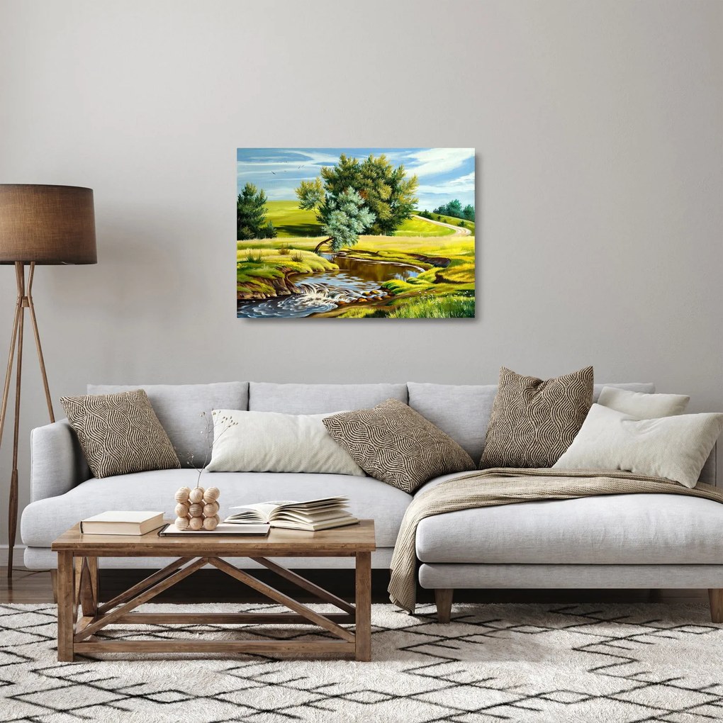 Obraz na szkle - rzeka między łąkami, obraz olejny (70x50 cm)