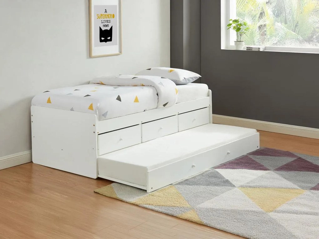 Łóżko wysuwane TITOUAN z 3 szufladami - 90 x 190 cm - MDF i sosna - Kolor biały - materac
