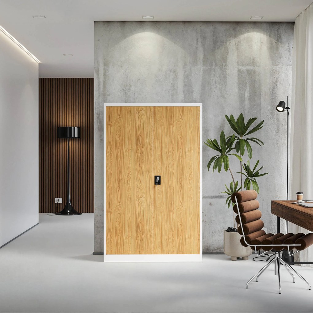 Szafa biurowa metalowa Biały/ Złoty dąb: Eco Design JAN II, 1150 x 1850 x 400 mm