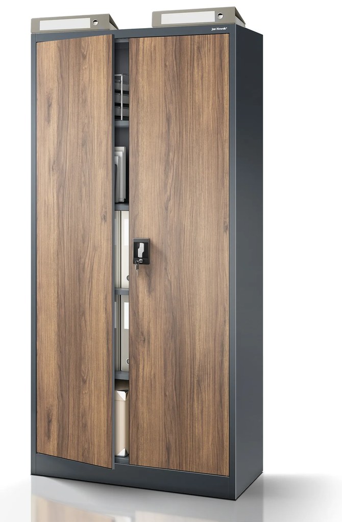 Szafa na dokumenty biurowa metalowa antracytowa/ orzech: Eco Design JAN H, 900 x 1950 x 400 mm