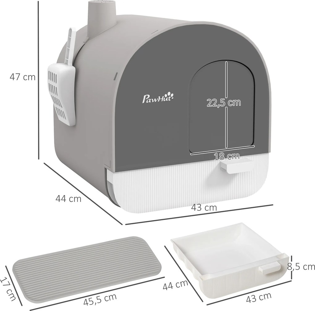 PawHut Kuweta z pokrywą, łopatką, matą na żwirek, plastik, szara/czarna | Aosom PL