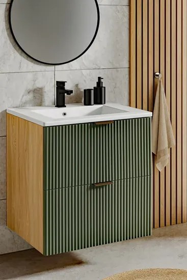 Umywalka wpuszczana z ryflowaną szafką ścienną szałwiowy + orzech L5-A29