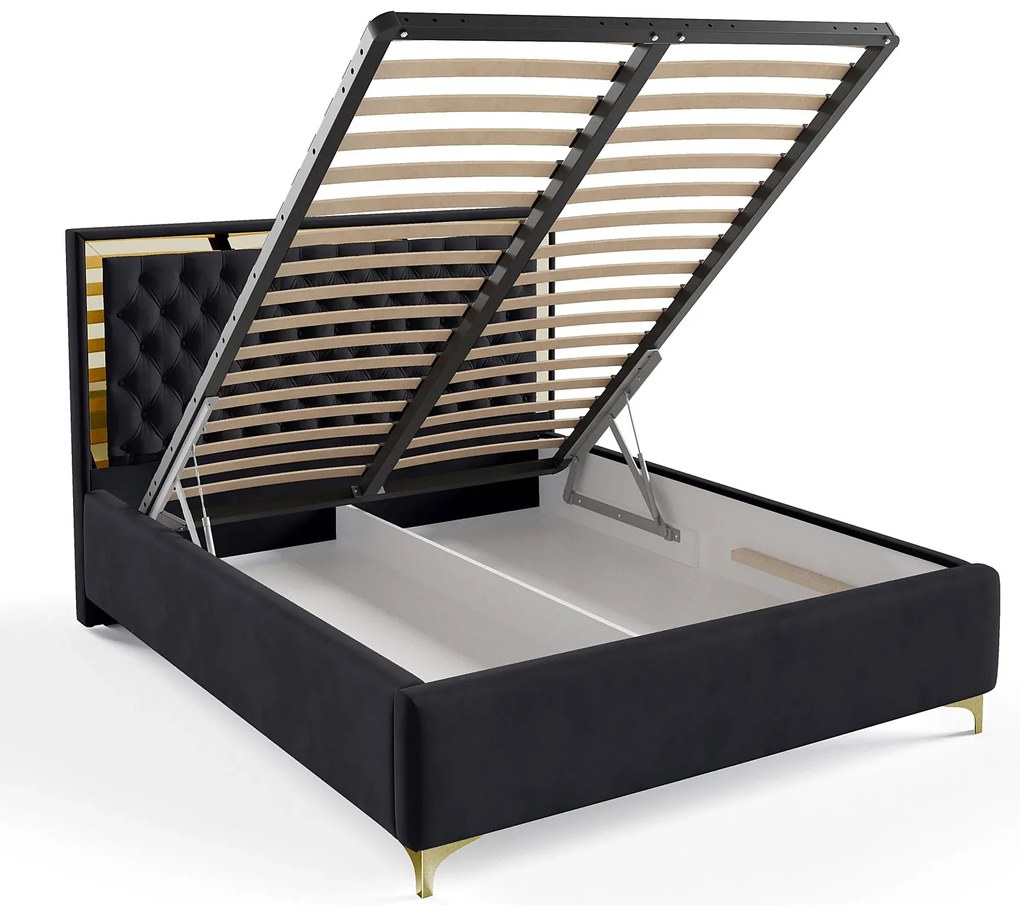 Czarne łóżko z pikowanym zagłówkiem w stylu glamour T7-R70