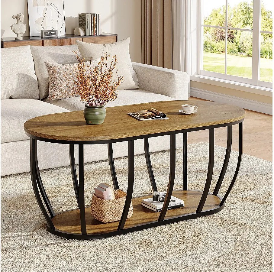 Owalny stolik kawowy w stylu industrialnym z 2-poziomową przestrzenią do przechowywania, nowoczesny stolik koktajlowy z zakrzywioną metalową podstawą