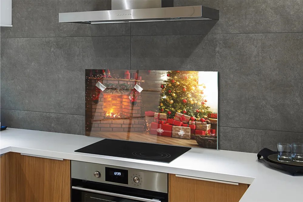 Szklany Panel Świąteczny Kominek z Prezentami