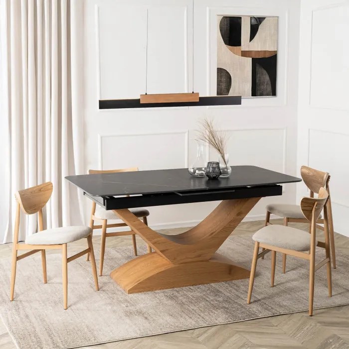 Stół Rozkładany Prostokątny ALICANTE 160-200 cm Ceramiczny Czarny/Dąb do Jadalni Nowoczesny