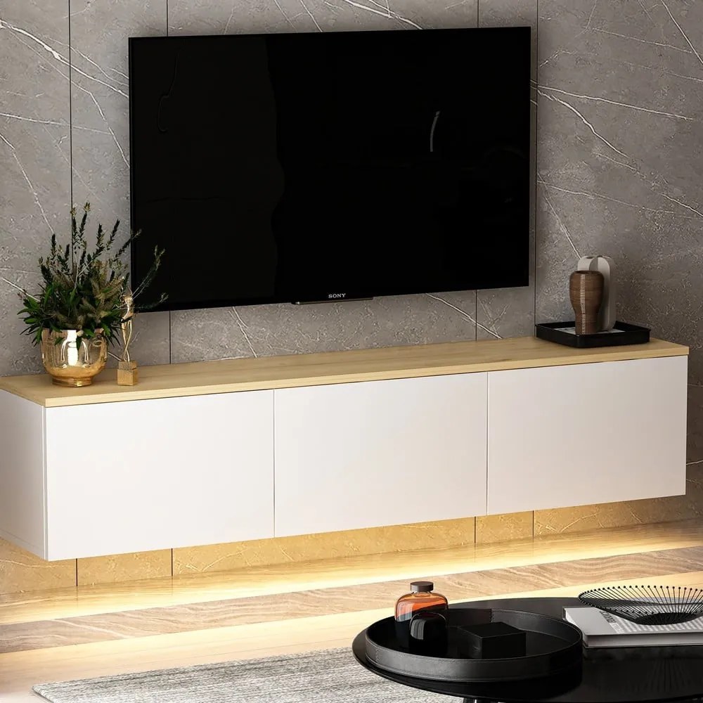 Biało-naturalna szafka pod TV w dekorze dębu 160x35x32 cm Neon – Kalune Design