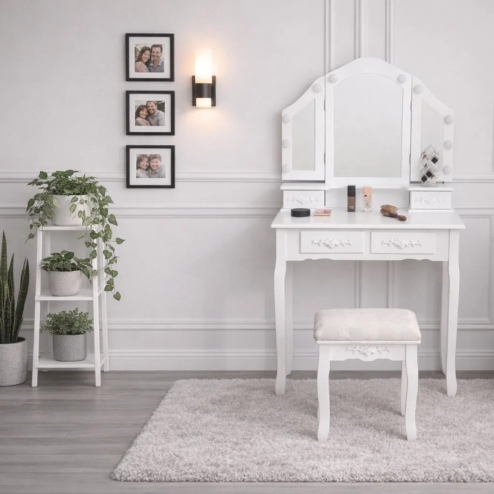 Toaletka retro z lustrem, taboretem i oświetleniem Noemi DT01, kolor biały