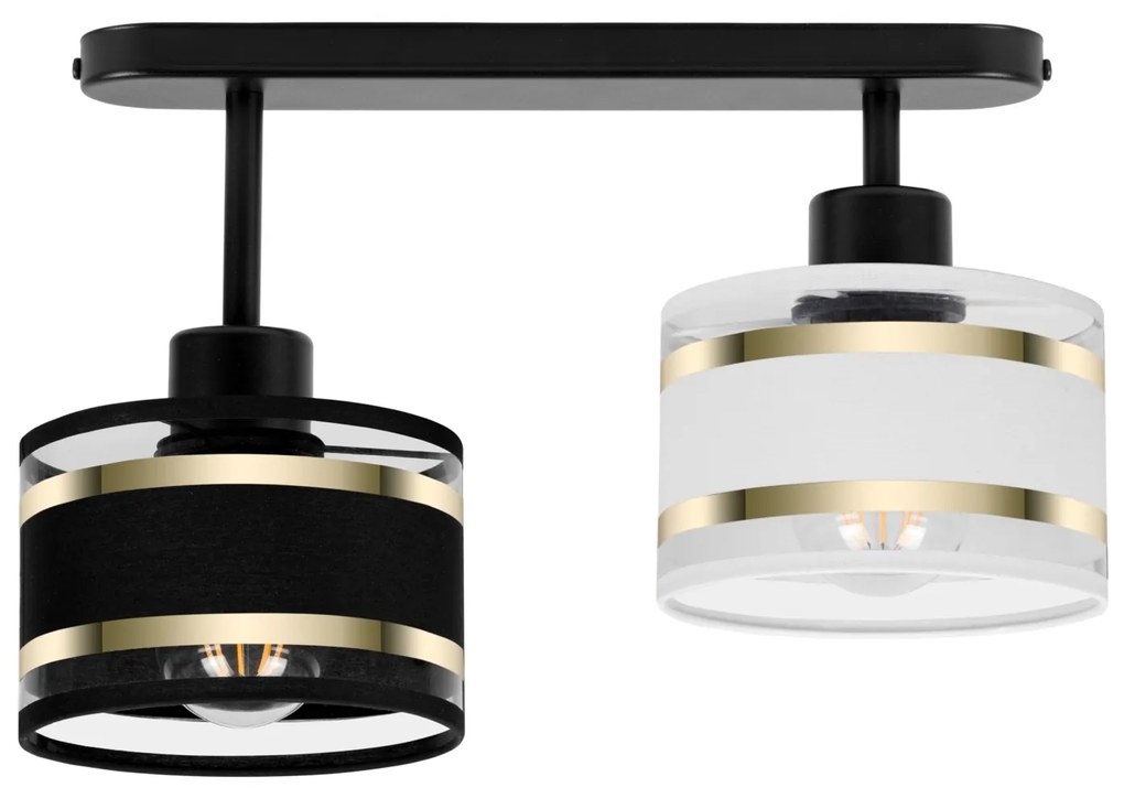 Lampa sufitowa czarna dwupunktowy spot z czarno-białymi abażurami T-33