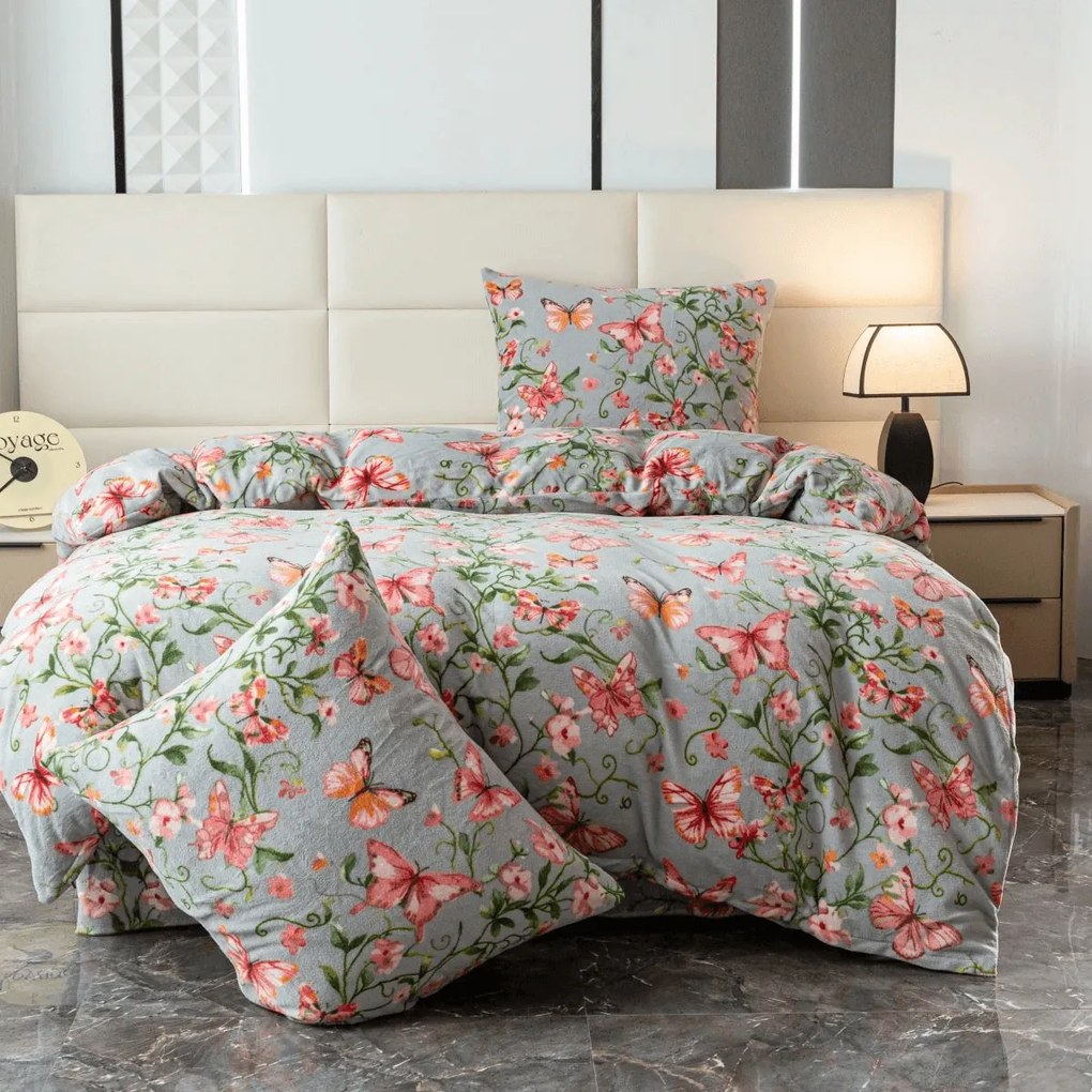 PrzytulneMieszkanie.pl PrzytulneMieszkanie.pl Pościel z mikropluszu PINK BUTTERFLY szara Rozmiar pościeli: 70 x 80 cm | 140 x 200 cm