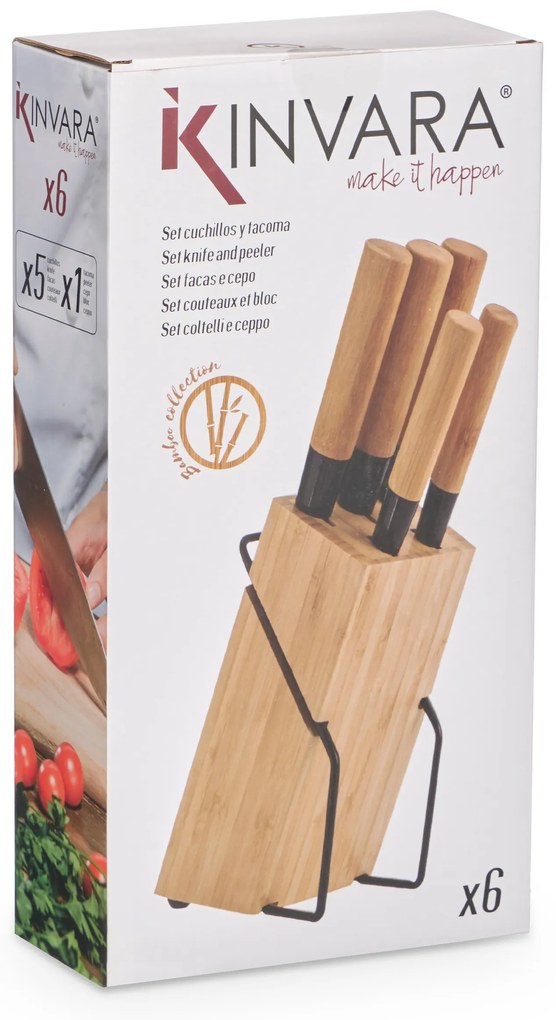 Zestaw 6 noży kuchennych z bambusowymi trzonkami BAMY w stojaku