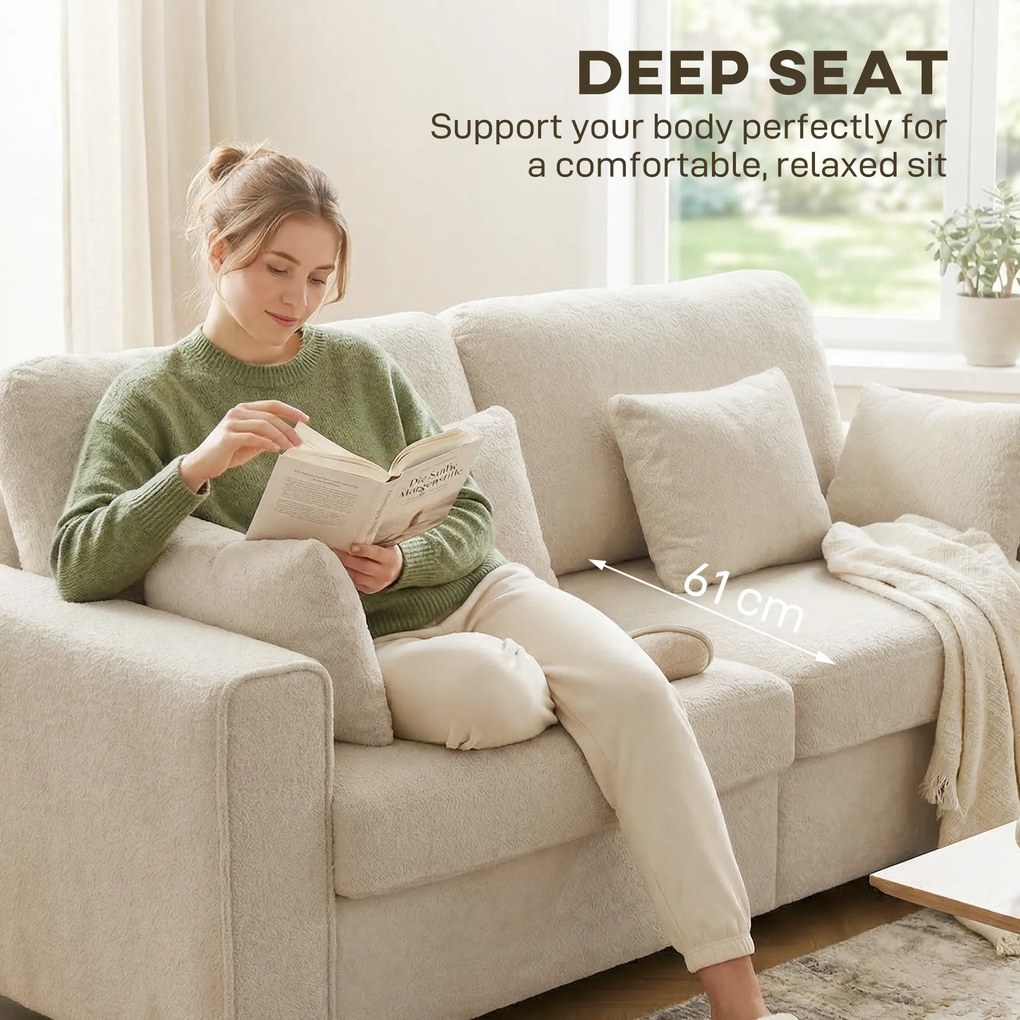 HOMCOM Beżowa Sofa 3-osobowa z Tkaniną o Strukturze Weluru, Głębokim Siedziskiem, Poduszkami z Pianki, Szerokimi Podłokietnikami i 4 Poduszkami | Aosom PL