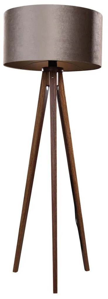 Lampa podłogowa na trójnogu z drewna orzechowego z abażurem z weluru taupe 50 cm - Tripod Classic Rustykalny / Vintage Oswietlenie wewnetrzne