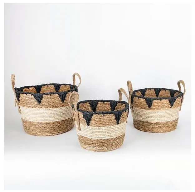 ZESTAW 3x Słomiany koszyk beżowy/czarny 27x20/30x22/36x28 cm