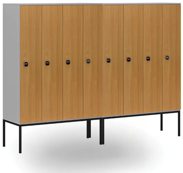 Drewniana szafa ubraniowa S4 z podstawą, 4-drzwiowa, 1871 x 1200 x 500 mm, demontaż, zamek RFID, szary/czerwony