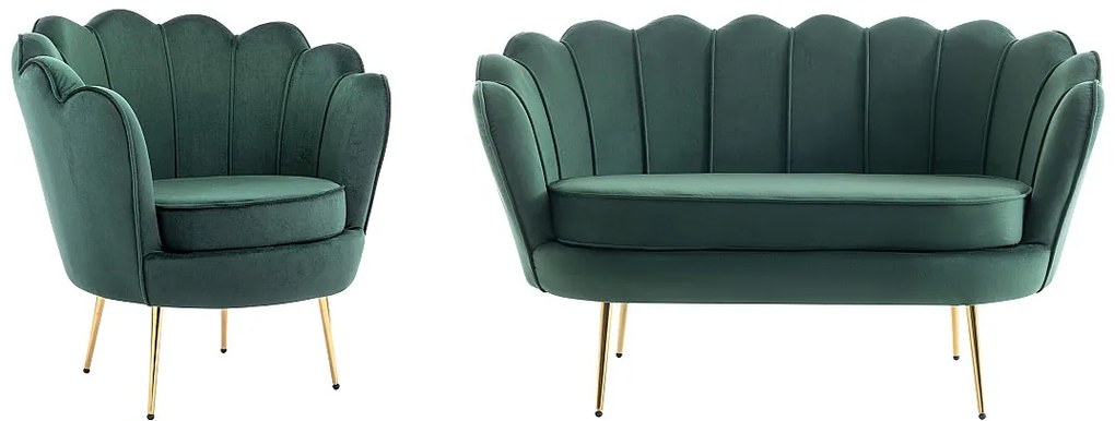 Kanapa 2 osobowa i fotel muszla z weluru w butelkowej zieleni - DANDELION