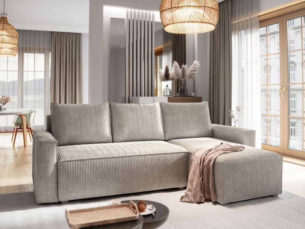 Masseno Narożnik POTARO z funkcją spania i pojemnikiem na pościel Narozniki L, Rozkładana sofa - Kremowy, POSO 100