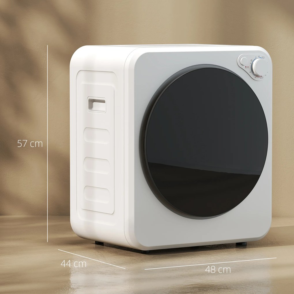 HOMCOM Mini suszarka do ubrań 4 kg z 5 programami do 60℃ 800W/400W suszarka wywiewna z odwracalnym bębnem ze stali nierdzewnej, biały | Aosom PL