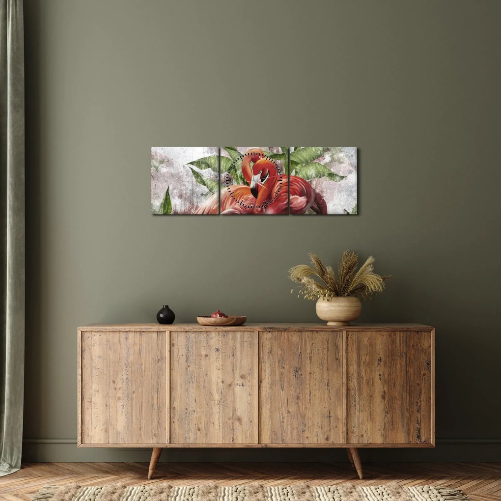 Obraz - Flamingi (z zegarem) (90x30 cm)