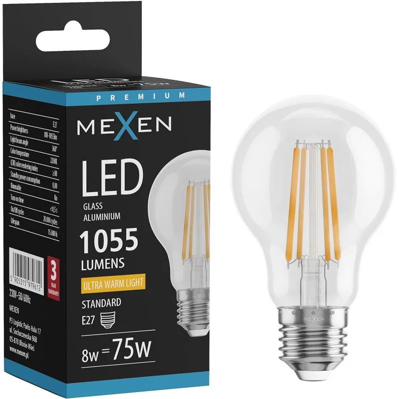 Mexen Vintis żarówka filament LED E27, A60, 8W, Ciepła - 2200K, 1055 lm, clear - L150-E27-0822-00