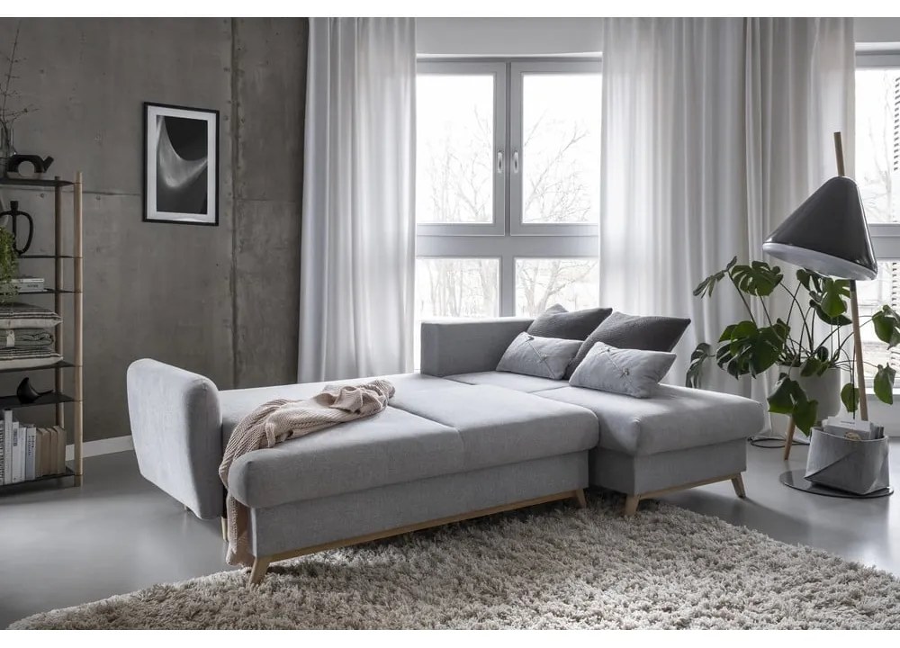 Jasnoszary rozkładany/ze schowkiem narożnik (prawostronny/z szezlongiem) Scandic Lagom – Miuform