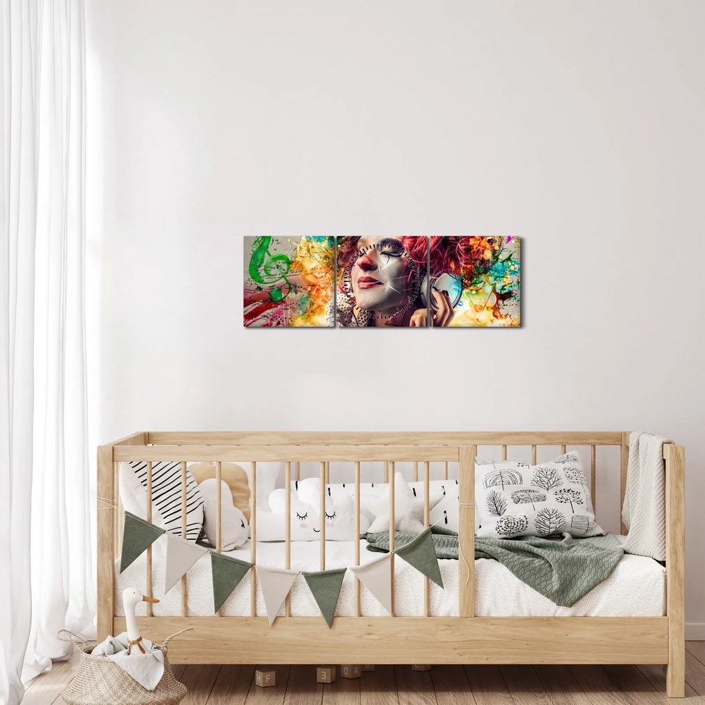 Obraz - Artystka ze słuchawkami (z zegarem) (90x30 cm)