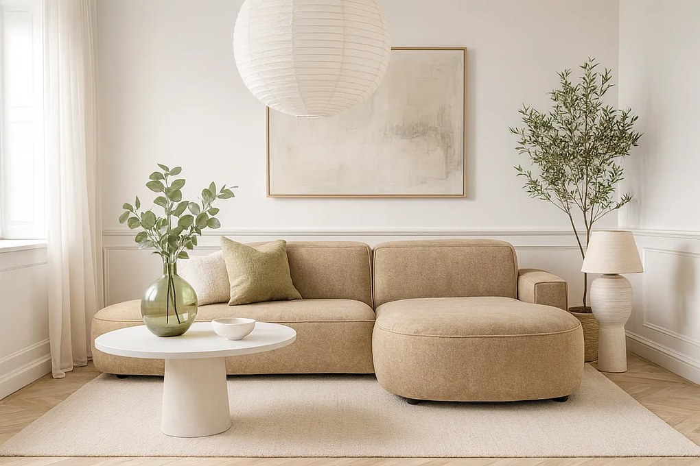 Narożnik modułowy CURSAL G prawostronny  271×166×73 cm – jasno brązowy Raven 34, zaokrąglone leżanki, wolnostojący