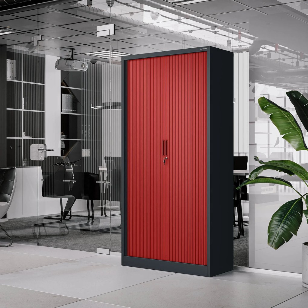 Metalowa szafa biurowa na akta z roletą DAMIAN, 900 x 1850 x 450 mm, antracytowo-czerwona