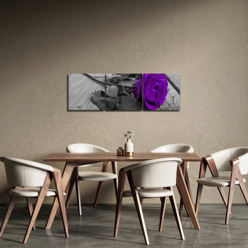 Obraz - Fioletowa róża z zieloną łodygą (z zegarem) (90x30 cm)