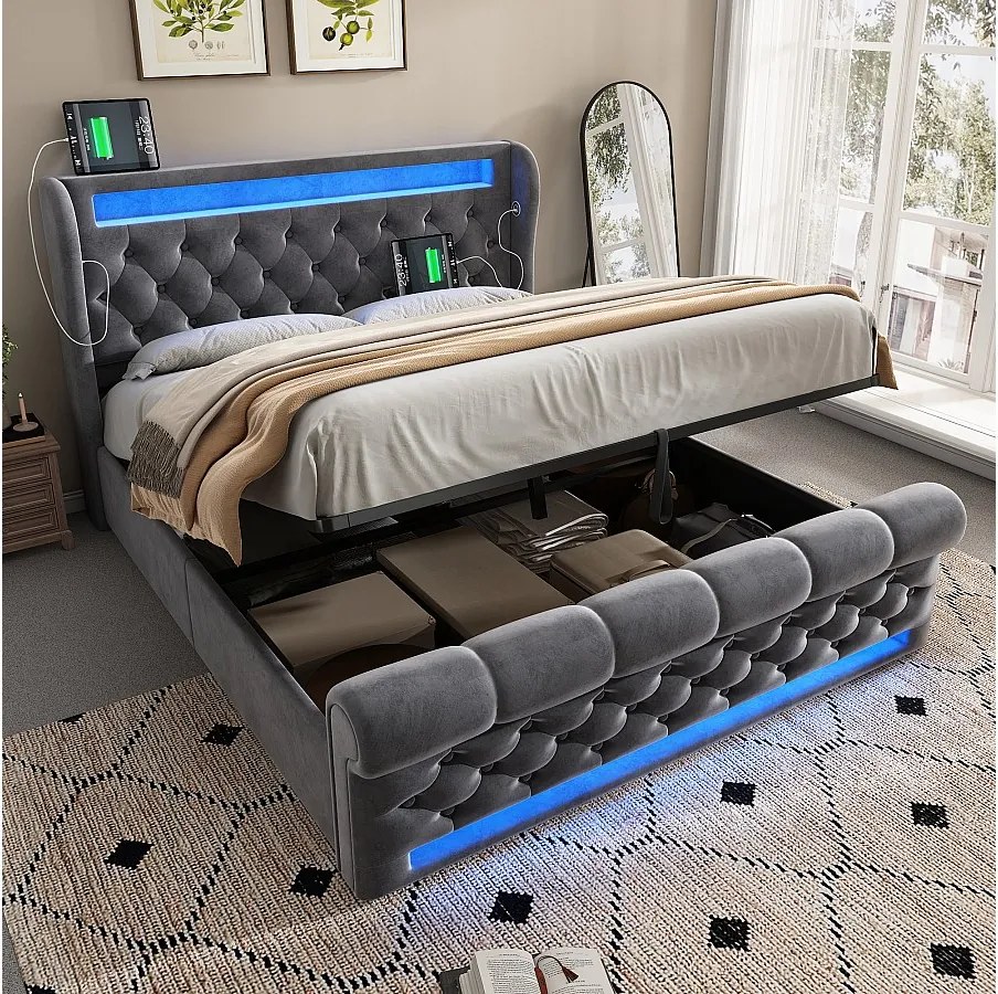 Łóżko tapicerowane ze schowkiem - 140 x 200 cm - z diodami LED - zagłówek ze schowkiem i USB - aksamit - szary