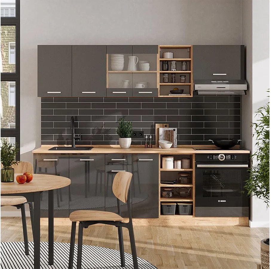 Zabudowa kuchenna antracytowy wysoki połysk/złoty dąb power 240x46x81.6 r-line