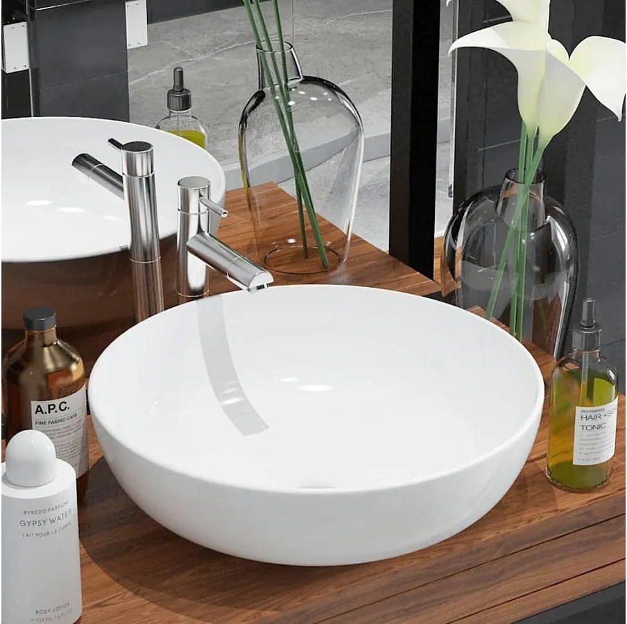 Okrągła biała umywalka ceramiczna, 41,5 x 13,5 cm