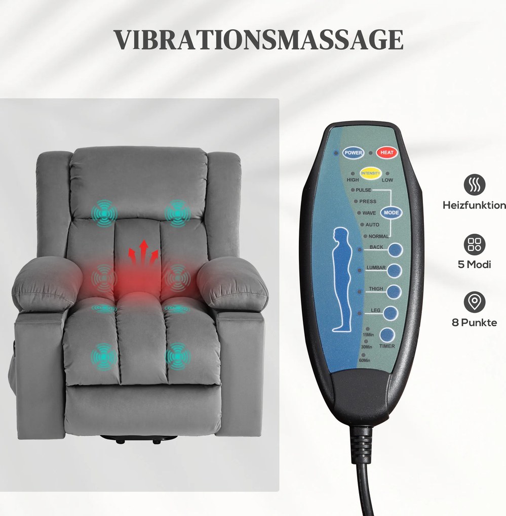 HOMCOM Elektryczny fotel z pomocą przy wstawaniu, miękki aksamitny materiał, porty USB