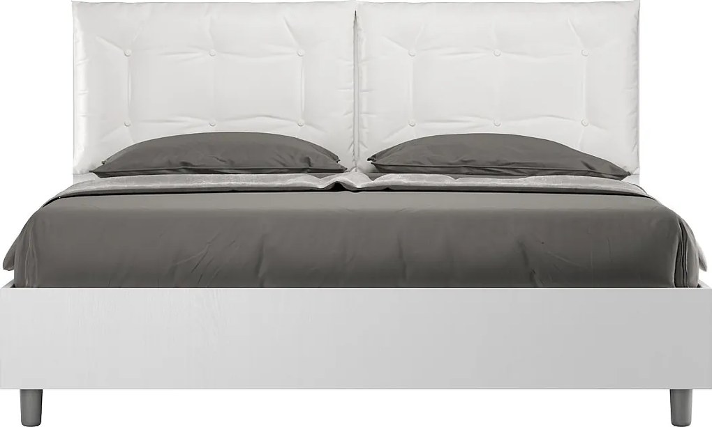 Łóżko podwójne z pojemnikiem na pościel, podnoszone, 160x190 cm, drewno jesionowe białe, poduszki z białej skóry ekologicznej, Egos Annalisa