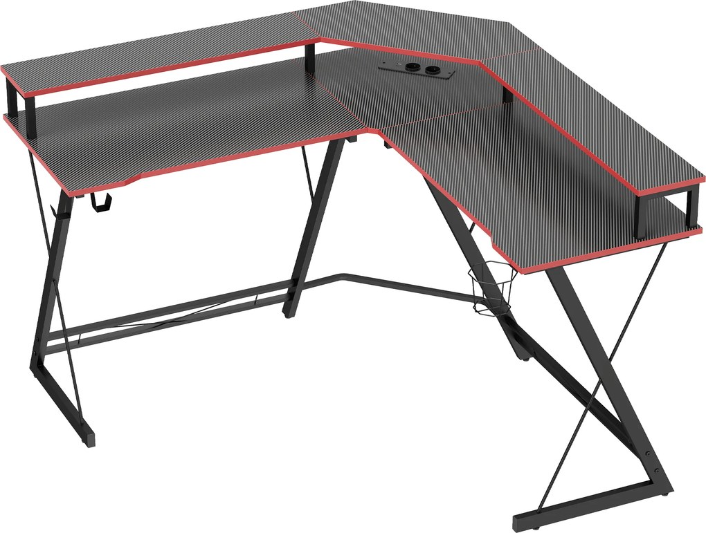 HOMCOM Biurko komputerowe w kształcie L z gniazdkami, narożne biurko 128 cm z podstawką na monitor, haczykiem na słuchawki &amp; uchwytem na napoje | Aosom PL