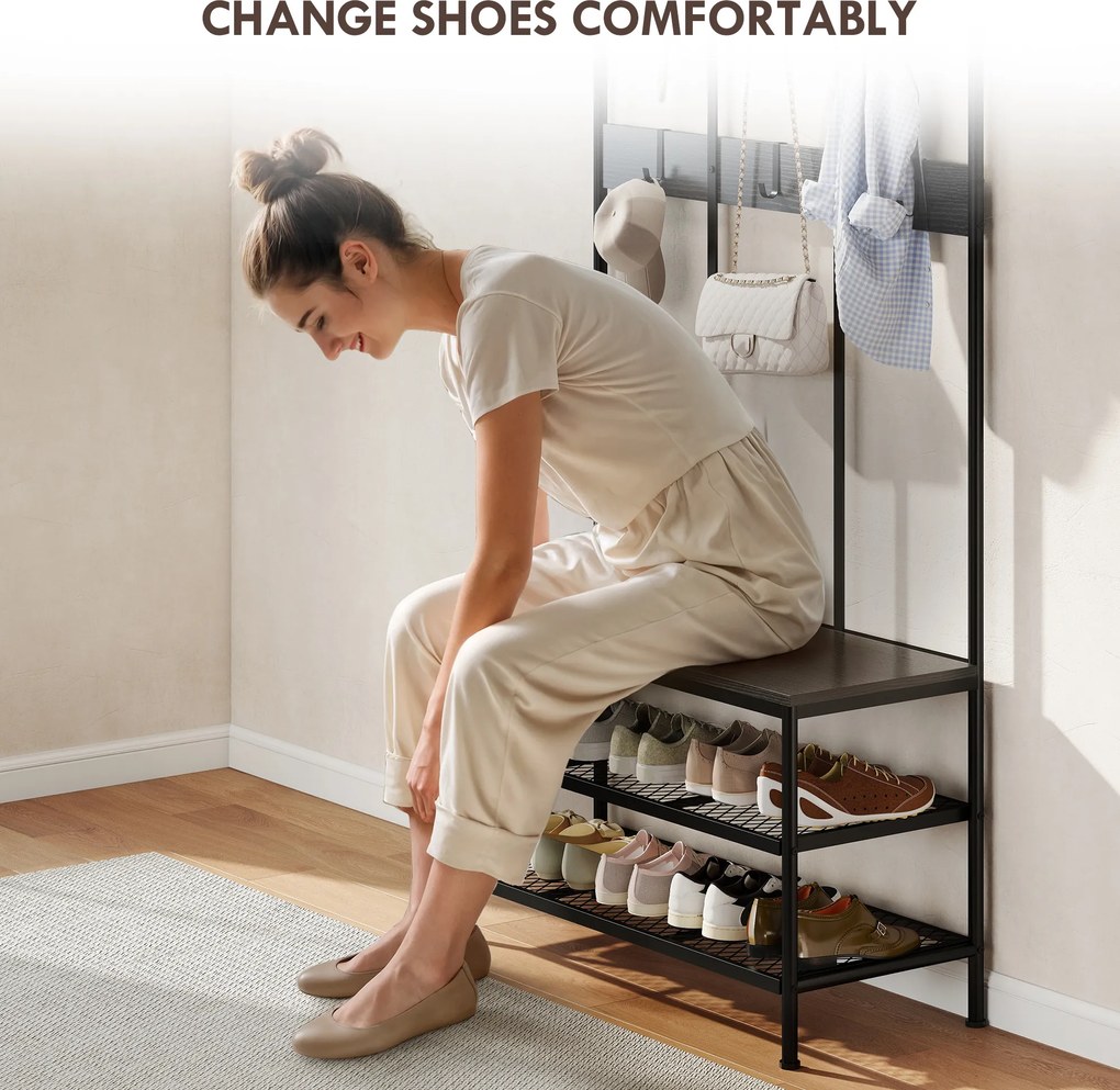 HOMCOM 3-w-1 Wieszak, haki na odzież, ławka, regał na buty, metal, płyta wiórowa, Czarny