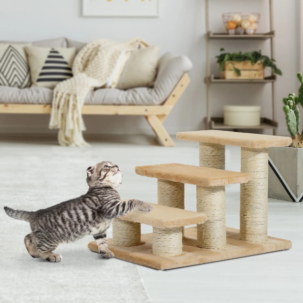 PawHut drapak schodki dla kota i psa 3 stopnie stabilne schody dla zwierząt domowych beżowe 45x35x34cm | Aosom PL