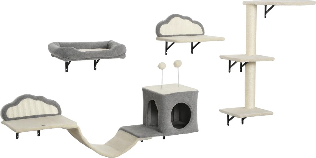 PawHut Zestaw drapaka montowanego na ścianie, powierzchnie ze sizalu, 4 części, dla 1-3 kotów, Beżowy