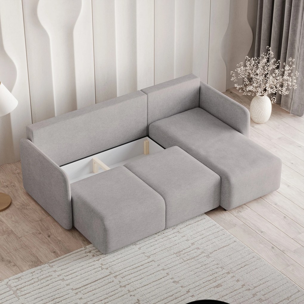 Masseno Narożnik SUVINO z funkcją spania i pojemnikiem na pościel Narozniki L, Rozkładana sofa - Jasnoszary, NEVE 83