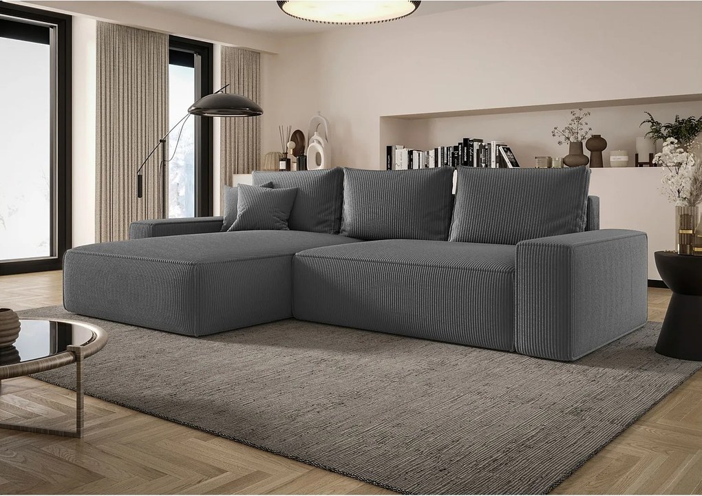 Narożnik MONA z funkcją spania POSO 60 szary lewy sofa w kształcie litery L z pojemnikiem na pościel kanapa do salonu sofa rozkładana