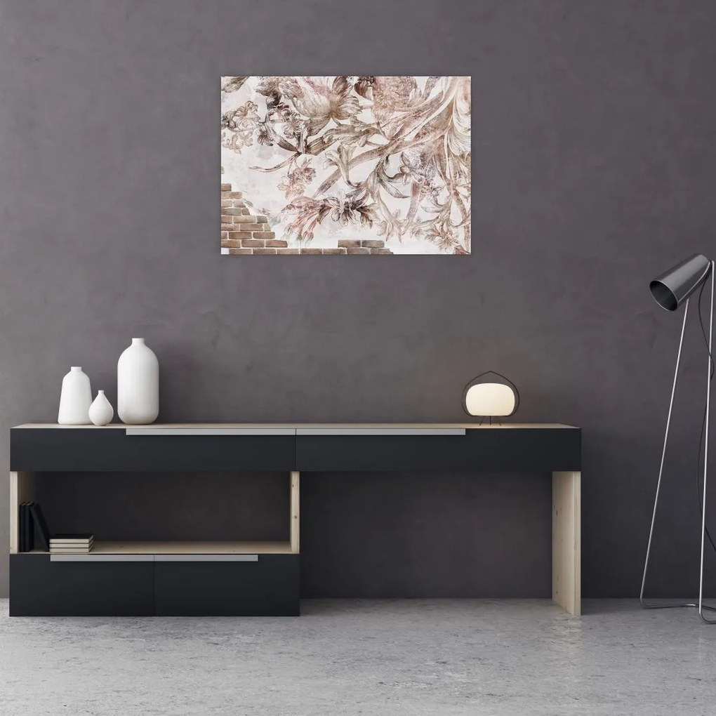 Obraz - Kwiatowy fresk na ceglanej ścianie (70x50 cm)