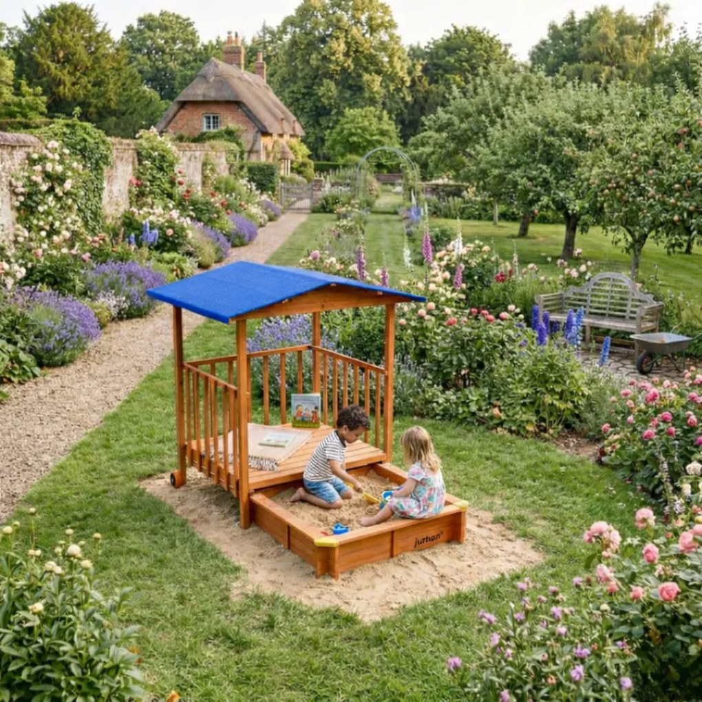 Piaskownica z werandą SUNNY, 130x130x143cm, brązowa/niebieska Jurhan