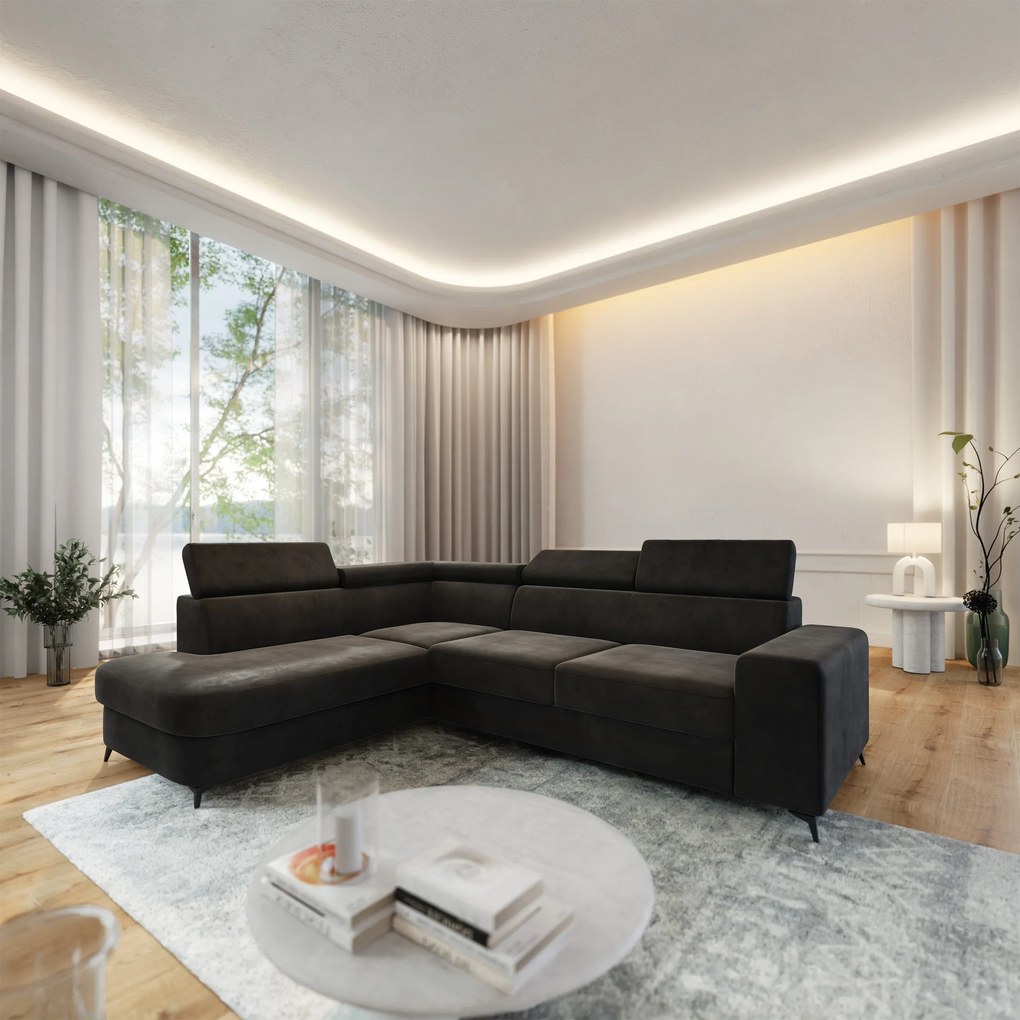 Masseno Narożnik ALVORO z funkcją spania i pojemnikiem na pościel Narozniki L, Rozkładana sofa - Czarny, MONOLITH 95