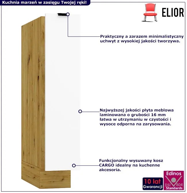 Szafka kuchenna z koszem cargo 15 cm biały + dąb artisan - Elandro 3X