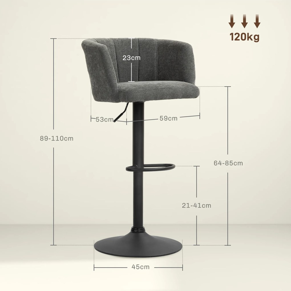 HOMCOM Zestaw 2 Barowych Krzeseł, Oparcie w Kształcie Muszli, Regulowana Wysokość, Podnóżek, dla Kuchni lub Jadalni, Metalowa Baza, Ciemnoszary